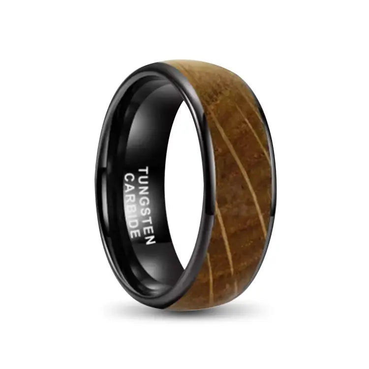 Black Tungsten Carbide Ring With Whiskey Barrel Wood Inlay