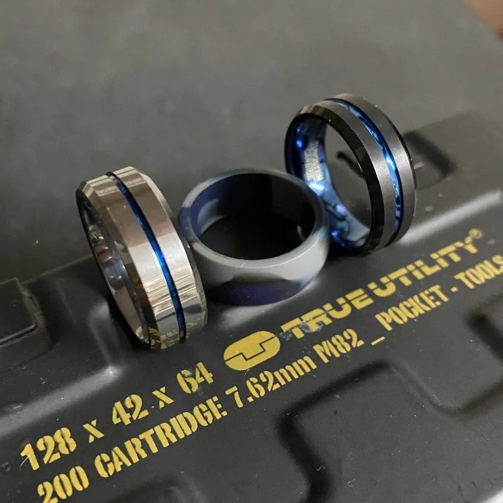 Silver Blue and Black Tungsten Carbide Ring and Camo Silicone Ring