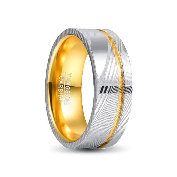gold Tungsten Carbide ring with a silver Damascus outer and gold stripe inlay