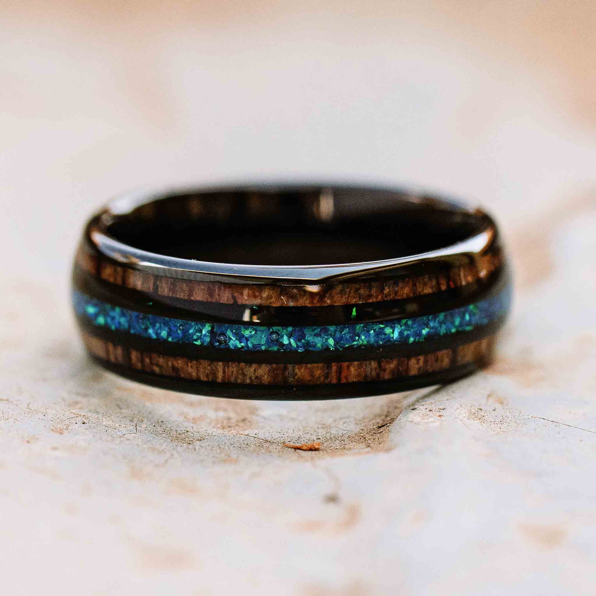 Star Burst Blue, Black and Wood Tungsten Carbide Ring