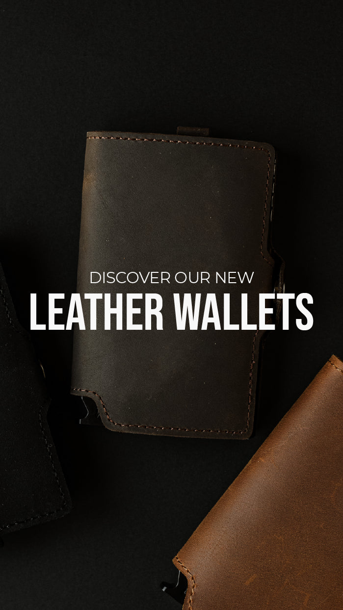 New product banner featuring leather wallets