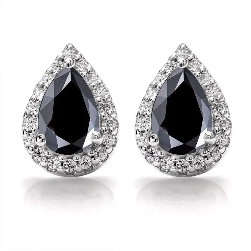 Sterling Silver stud Earrings With Pear Cut Black Moissanite Set in Halo
