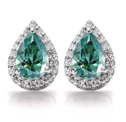 Sterling Silver stud Earrings With Pear Cut Green Moissanite Set in Halo