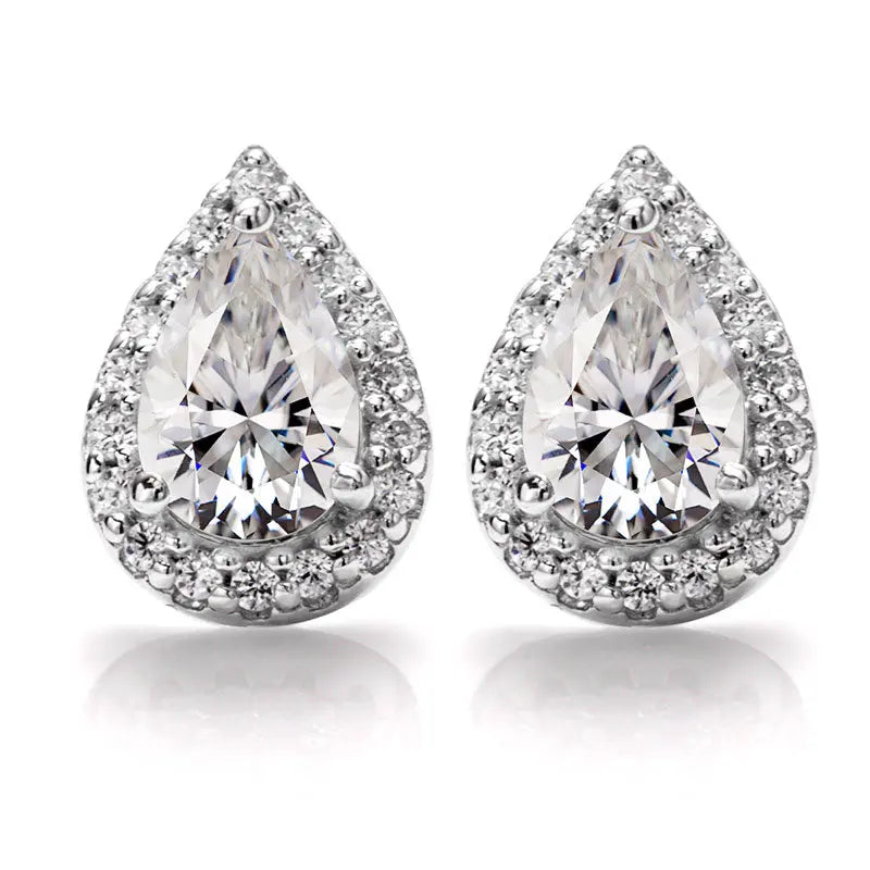 Sterling Silver stud Earrings With Pear Cut Moissanite Set in Halo