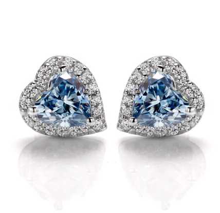 Sterling Silver Stud Earrings With Heart Cut Blue Moissanite Set in Halo
