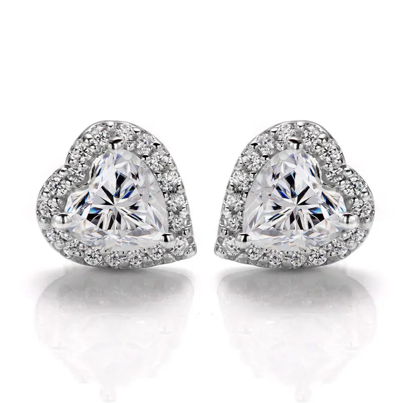 Sterling Silver Stud Earrings With Heart Cut Moissanite Set in Halo