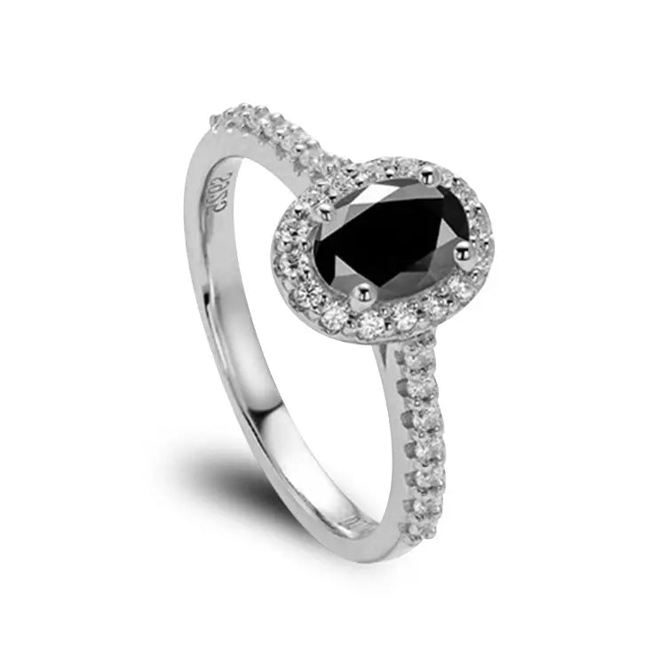 Sterling Silver Ring With Black Halo Oval Cut Moissanite 