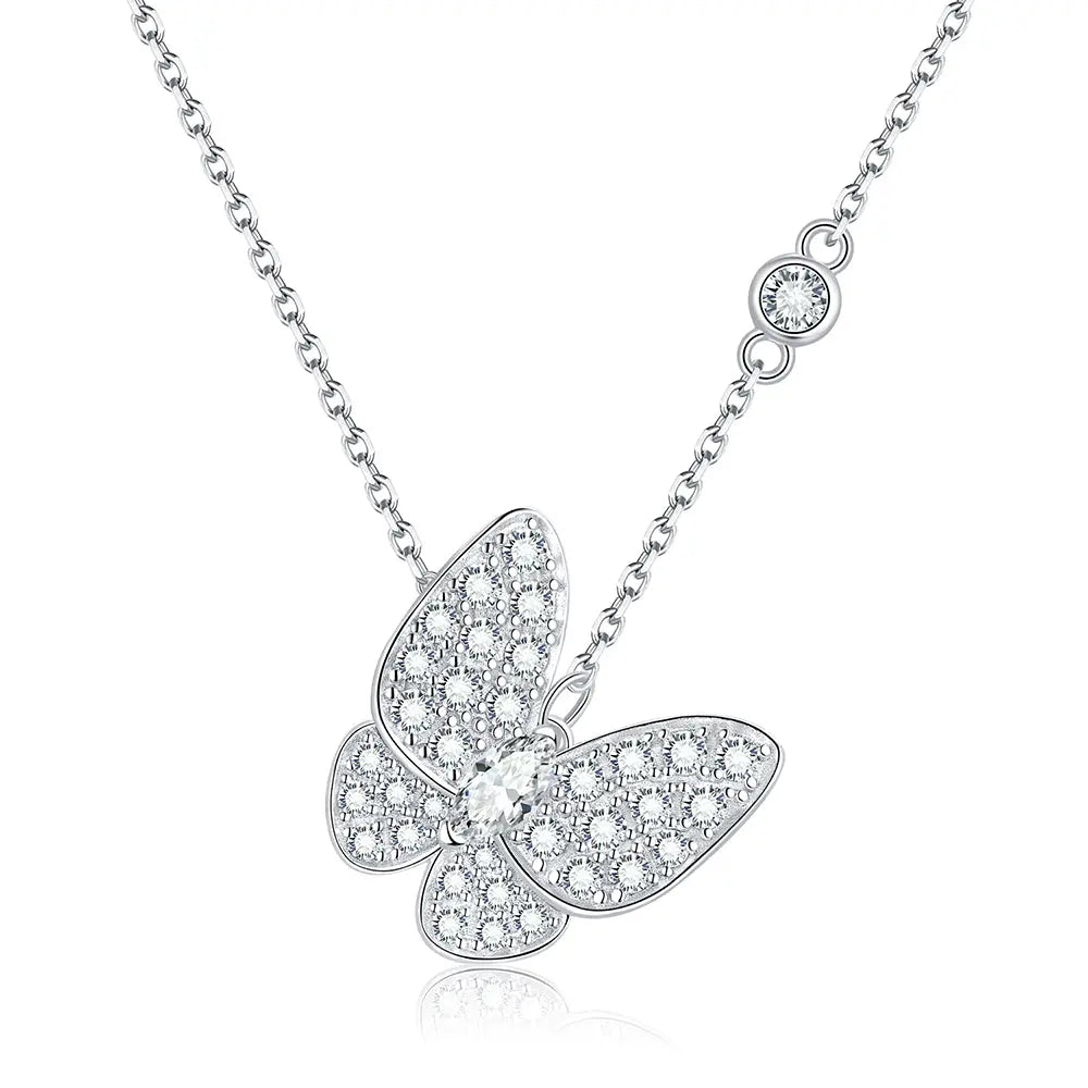 Sterling Silver Necklace With Butterfly Shape and Marquise Moissanite Stones