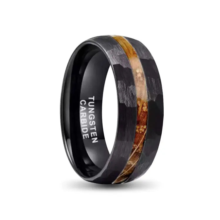 Black Domed Hammered Tungsten Carbide Ring With Whiskey Barrel Inlay