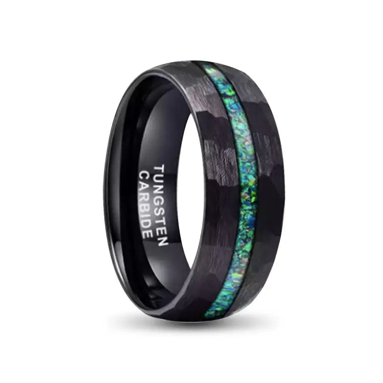 Hammered Black Tungsten Carbide Ring With Green Opal Inlay