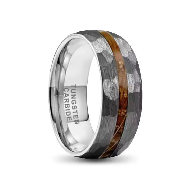 Silver Hammered Tungsten Carbide Ring With Whiskey Barrel Inlay