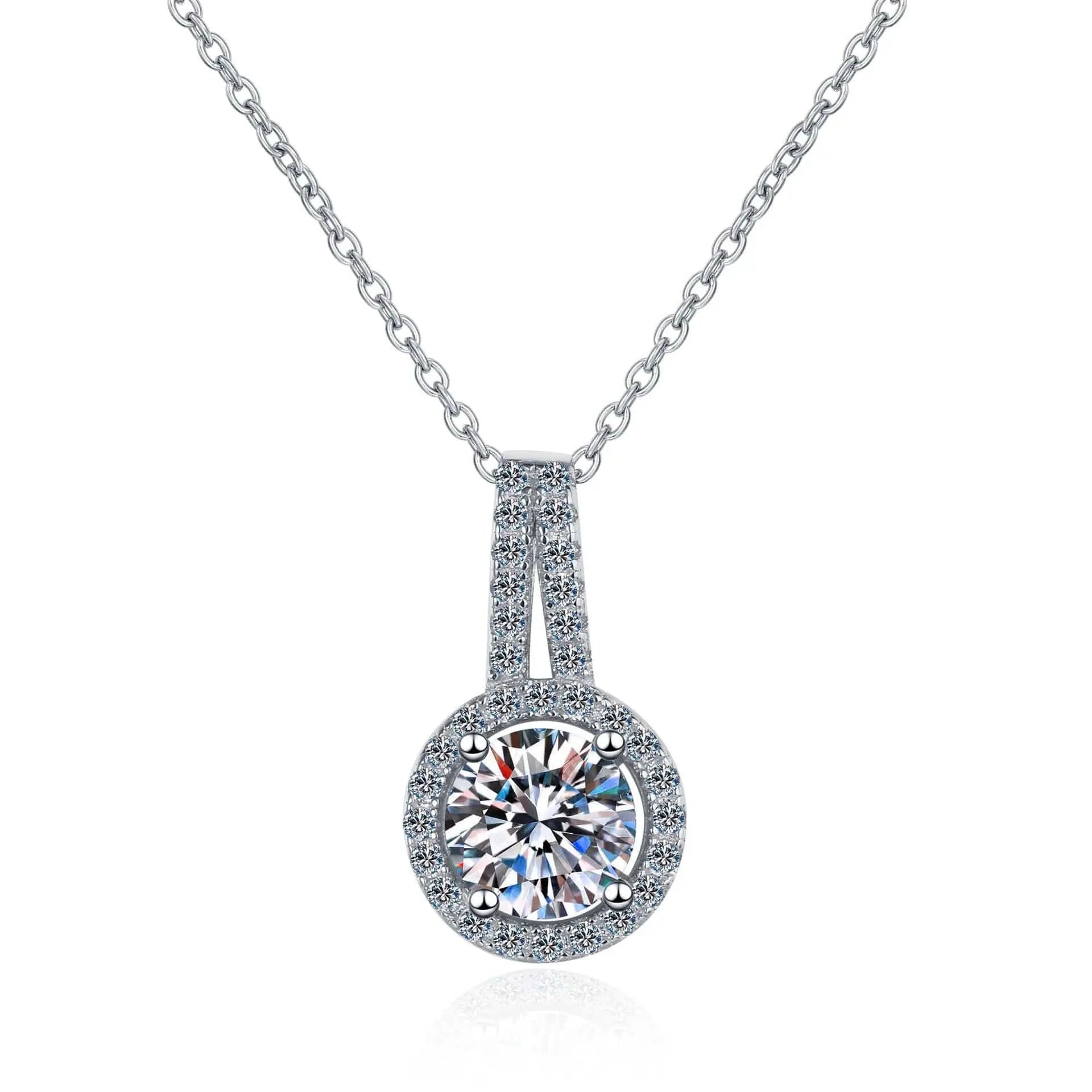 Sterling Silver Necklace with Round Cut Moissanite Stone set in Halo