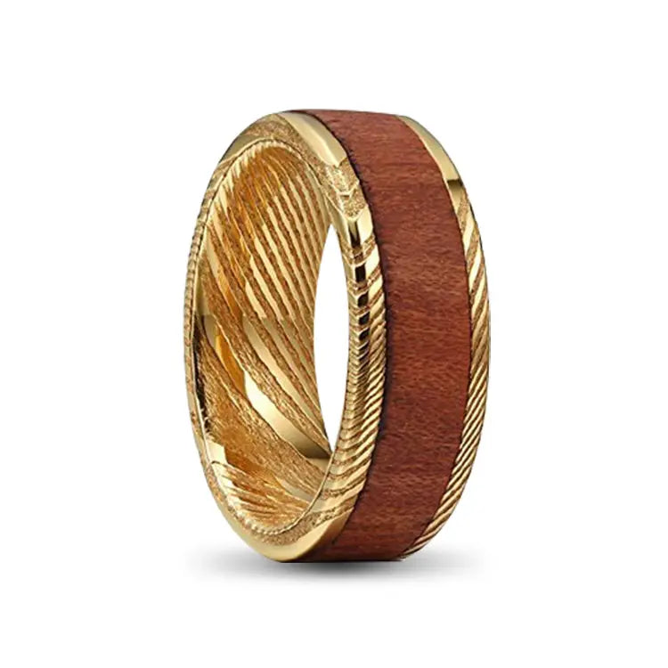 Golden Damascus Ring with Wooden Inlay