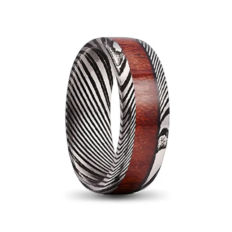 Black Damascus Steel Ring with Wooden Inlay