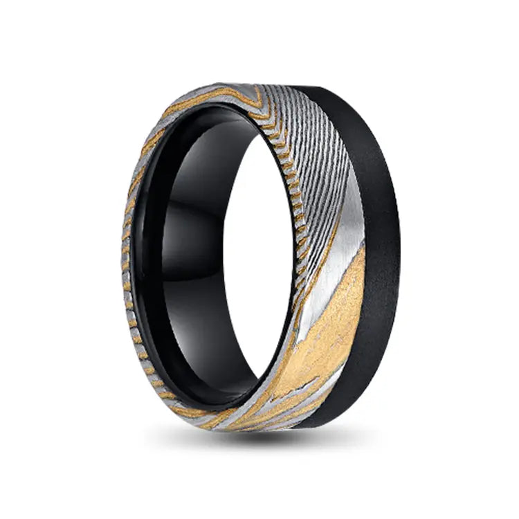 Black Tungsten Carbide Mens Ring with Silver and Gold Damascus Steel