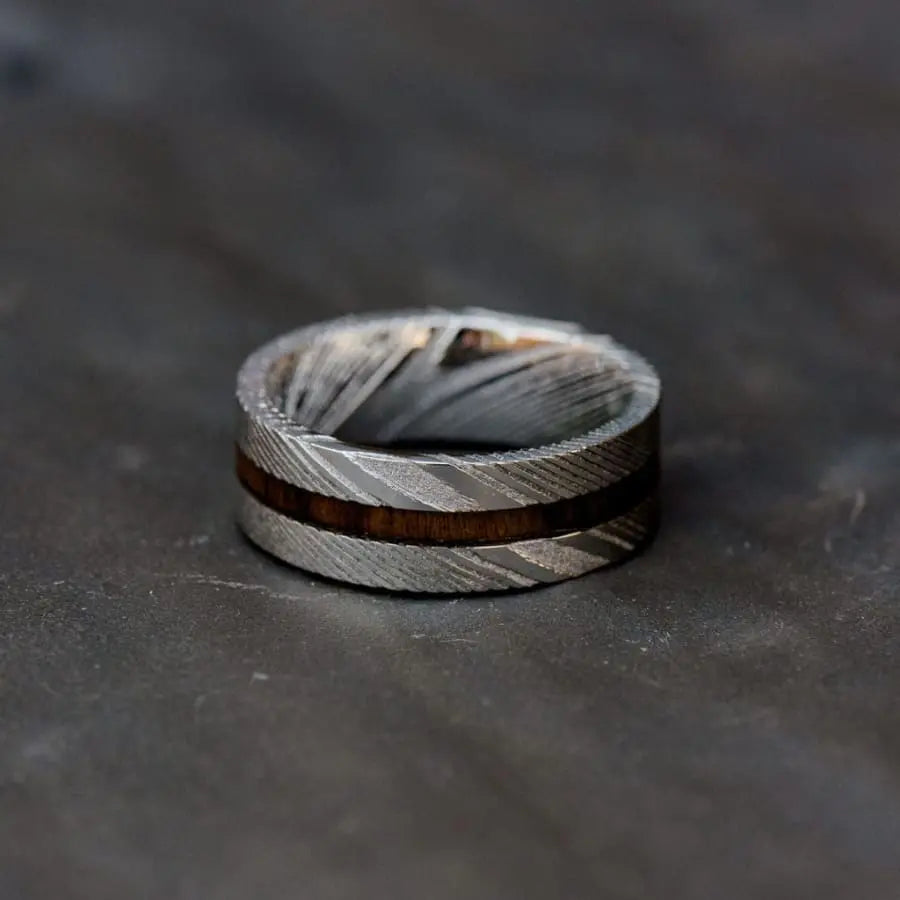 Damascus Ring with Wooden Stripe