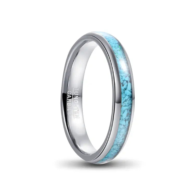 ladies silver tungsten carbide ring with blue turquoise inlay
