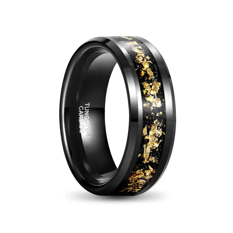 Black tungsten carbide ring with gold foil inlay