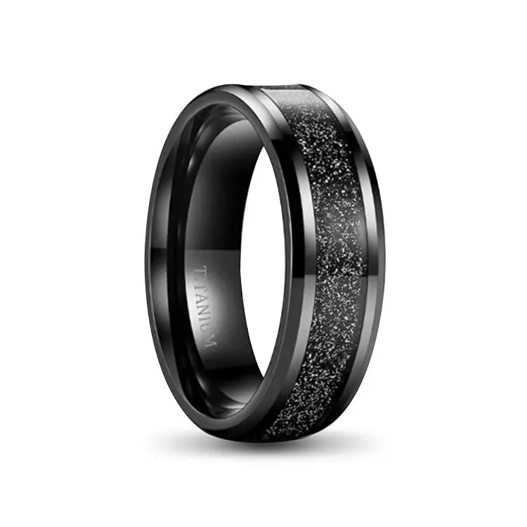 Black Titanium Ring With Beveled Edges and Black Sand Inlay on Outer