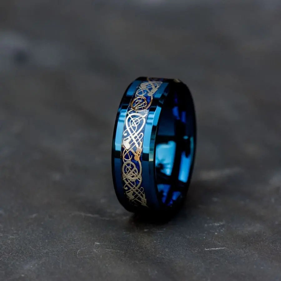 Blue Tungsten Carbide Ring with Golden Shapes