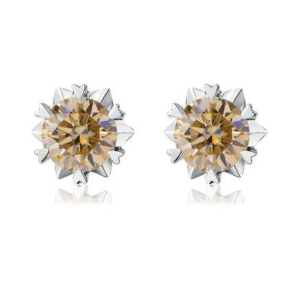 Sterling Silver Stud Earrings With Snowflake Shape and Round Cut Champagne Moissanite Set in Prongs