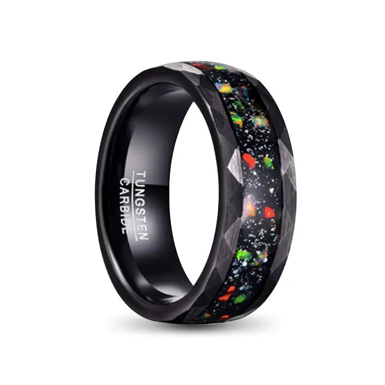 Black Tungsten Carbide Ring With Hammered finish and crushed opal inlay