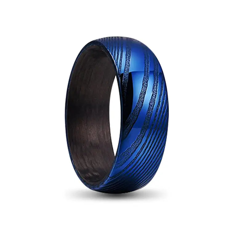 Blue Damascus Steel Ring with Wood Inner