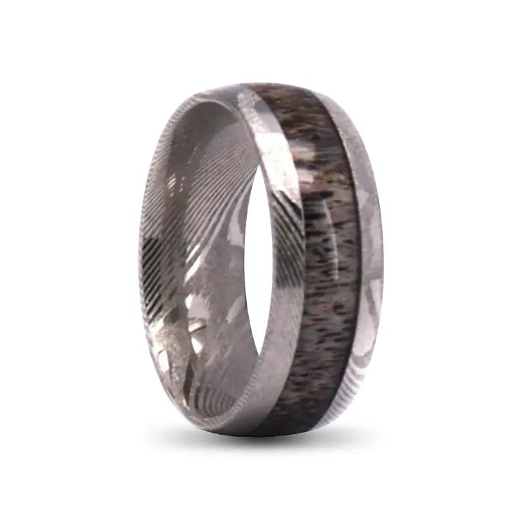 Silver Damascus Ring With Antler Inlay