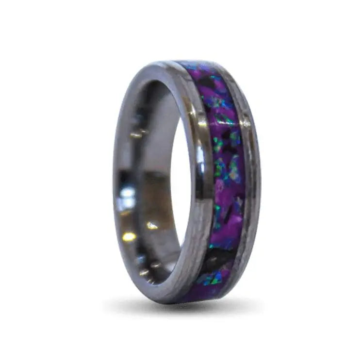 Tungsten Ring, Purple Opal, Obsidian, Glow Powder