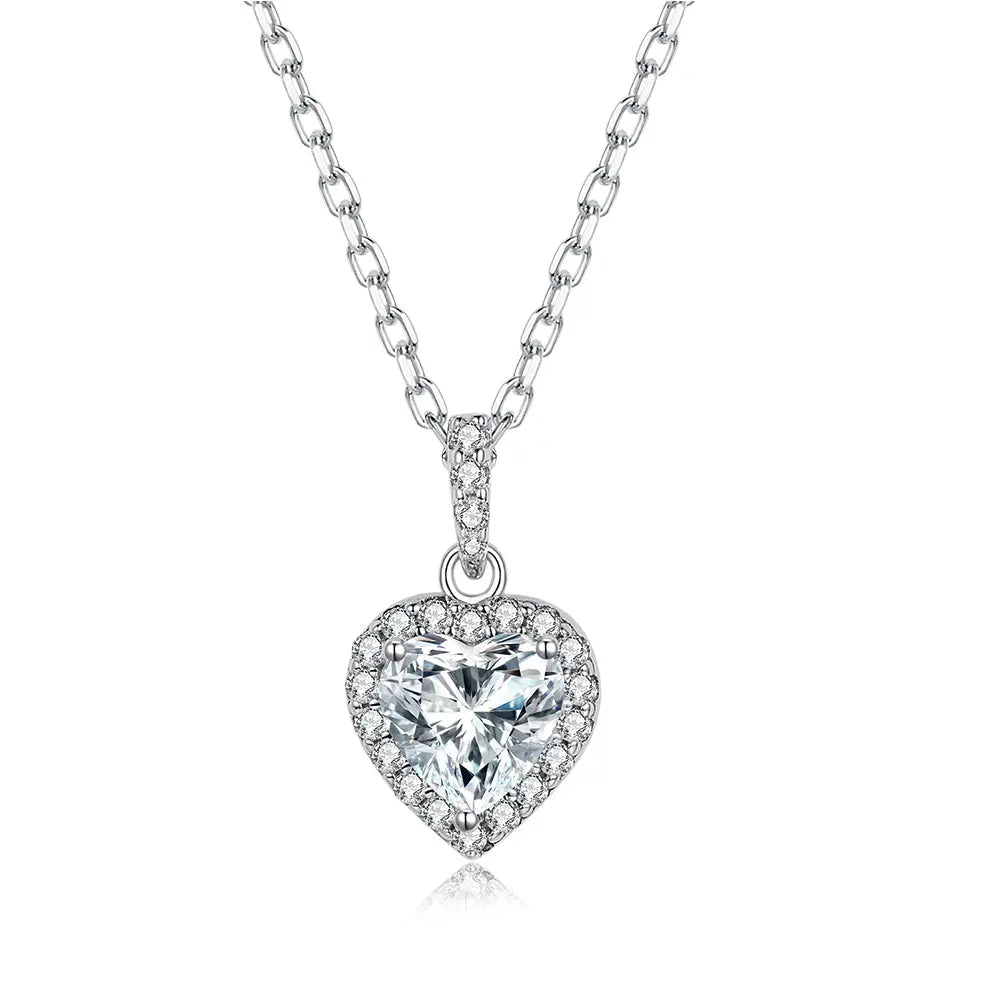 Sterling Silver Necklace With D Color Heart Cut Moissanite Set in Halo