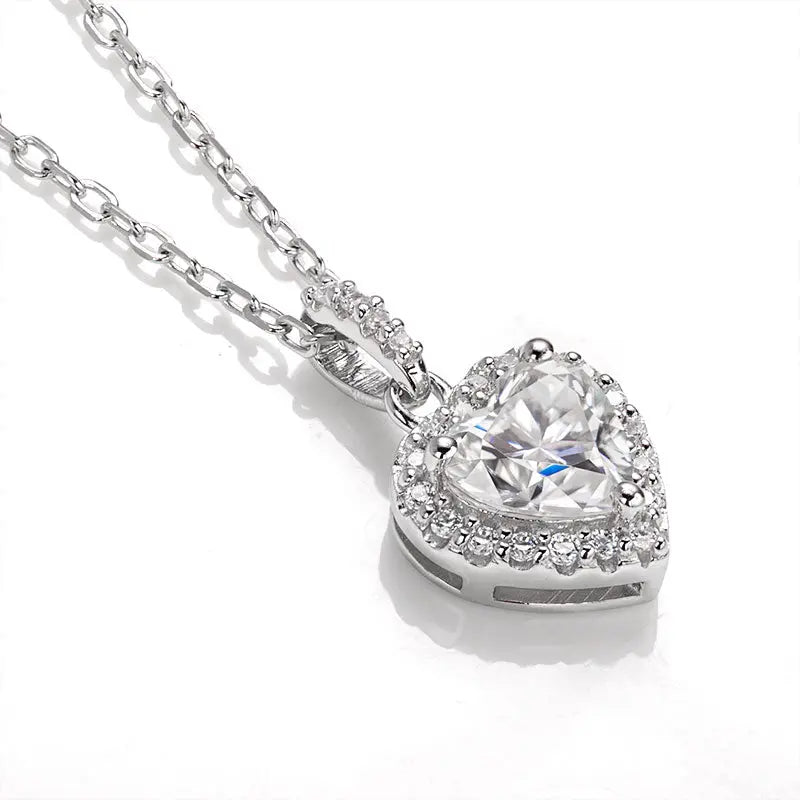 Sterling Silver Necklace With D Colr Heart Cut Moissanite Set in Halo