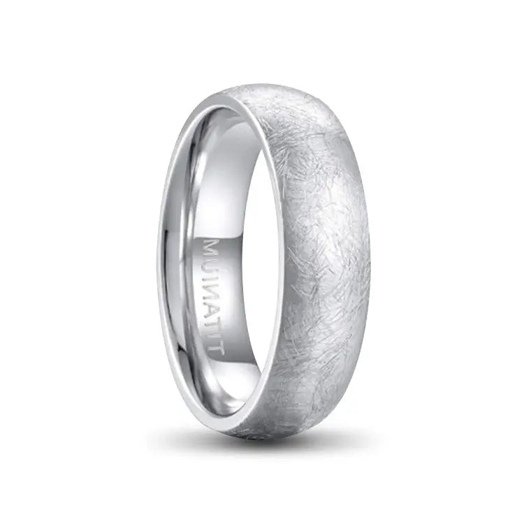 Rounded Silver Titanium Ring With Scratch Pattern on Outer