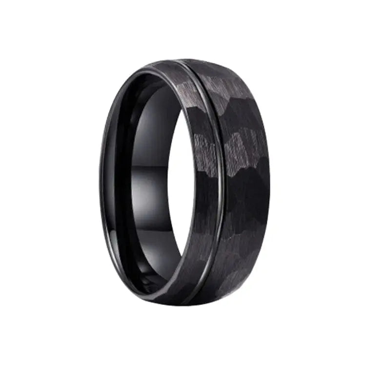 Black Hammered Tungsten Carbide Ring with Offset Groove