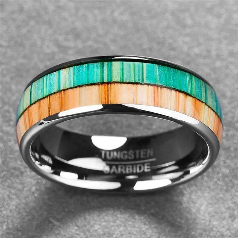 8mm Silver Tungsten Wedding Ring with Orange and Turquoise Inlay