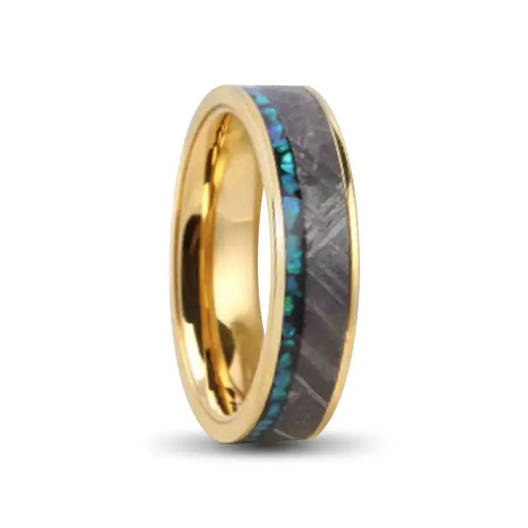 Gold Titanium Ring With Blue Opal and Mateorite Inlay