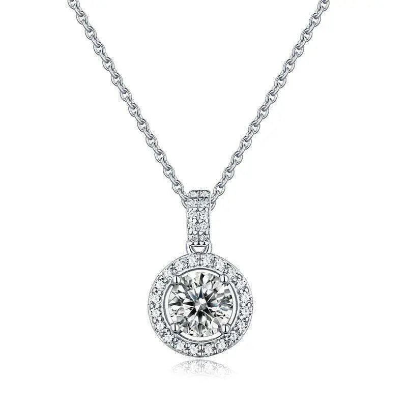  Sterling Silver Necklace with Round Cut F Color Moissanite Stone Set in halo