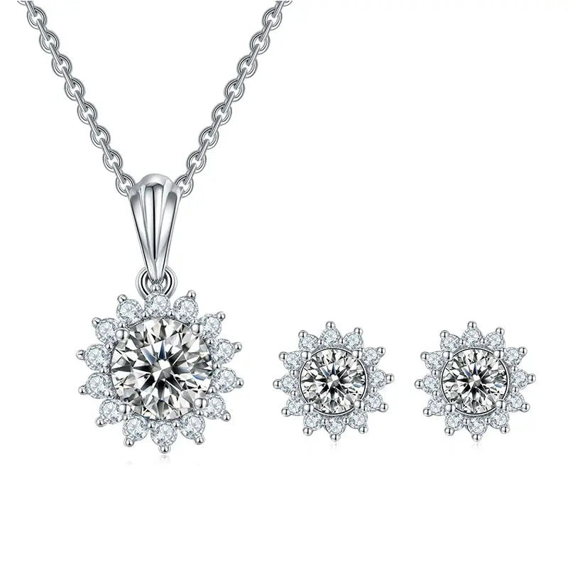 Sterling Silver Jewellery Set With Round Cut F Color Moissanite Stones Set In Flower Pattern