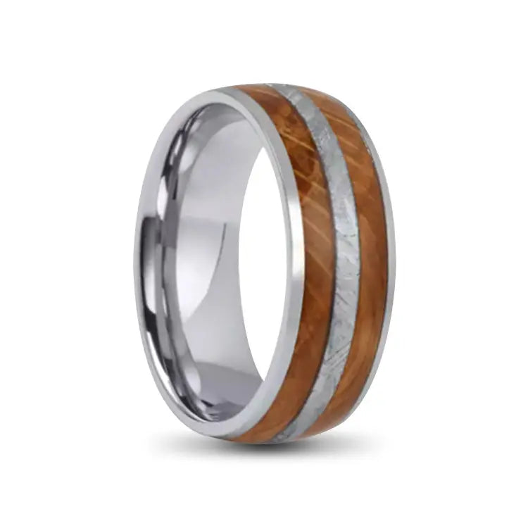 Domed Silver titanium Ring With Meteorite and Whiskey Barrel Inlay