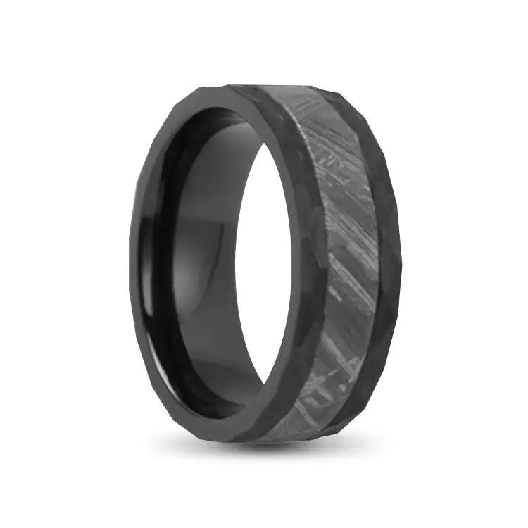 Faceted Cut Black Zirconium Ring With Meteorite Inlay