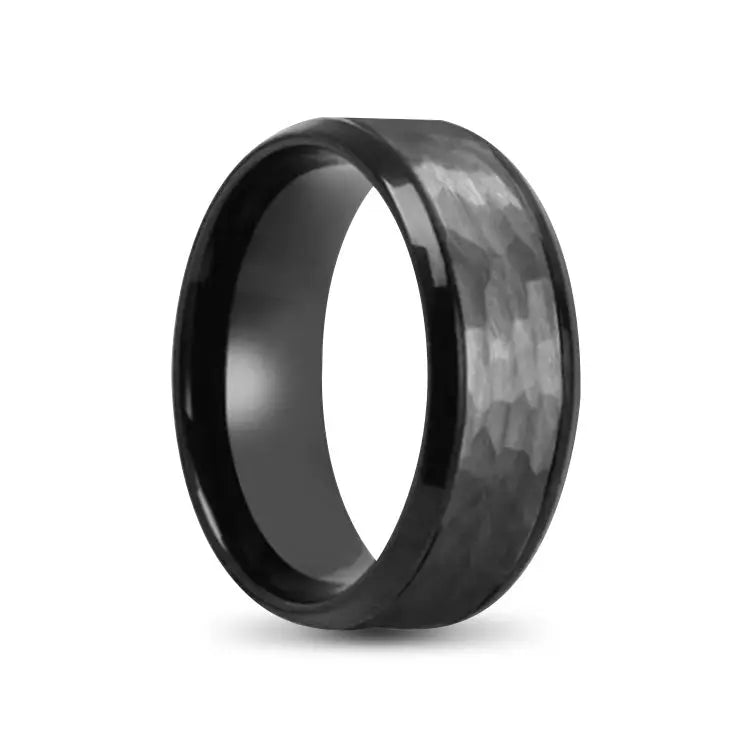 Black Stainless Steel Ring With Hammered Tantalum Inlay
