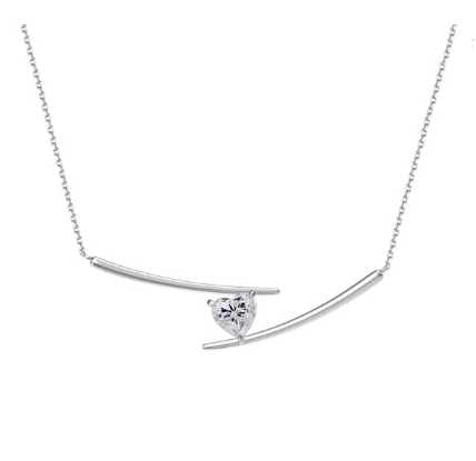 Sterling Silver Necklace With Heart Cut Moissanite Stone Set in Prongs and Suspended From Two Longer Prongs