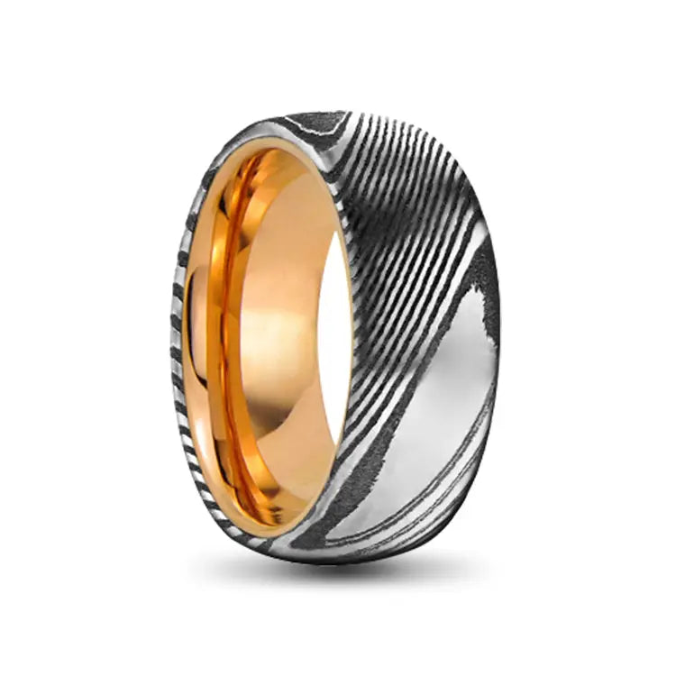 Rose Gold Tungsten Carbide Ring with Silver Damascus Outer