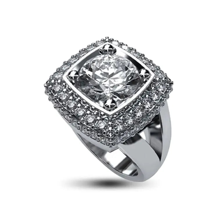 Silver Engagement Ring, Round Main Stone Square Double Halo