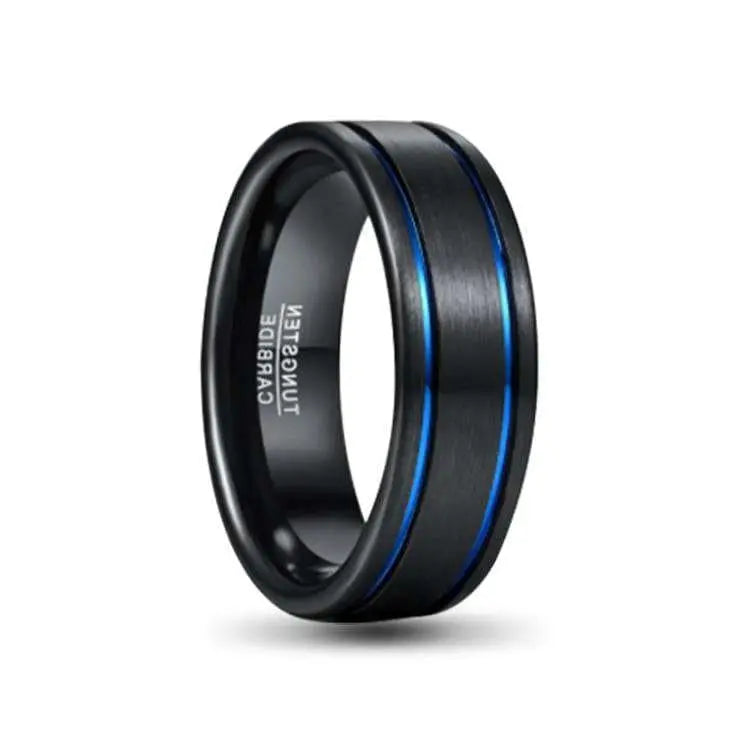 Black Tungsten Carbide Ring with Blue Grooves