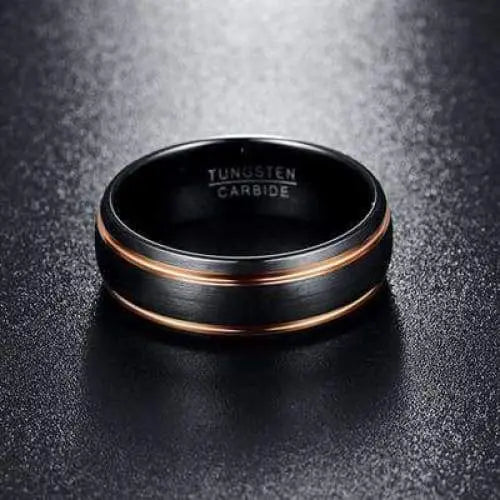 8mm Black Tungsten Wedding Ring with Rosegold Grooves on the Edge