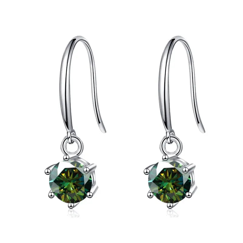 Sterling Silver Dangle Earrings With Green Color Round Cut Moissanite stone set in classic 6 claw design