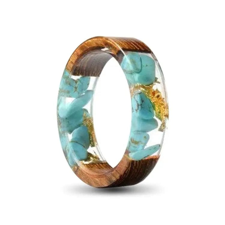 Turquoise Pebble and Gold Resin Wood Ring