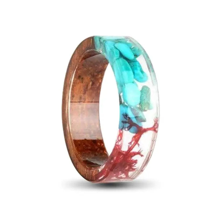 Turquoise Pebble and Red Wood Resin Ring