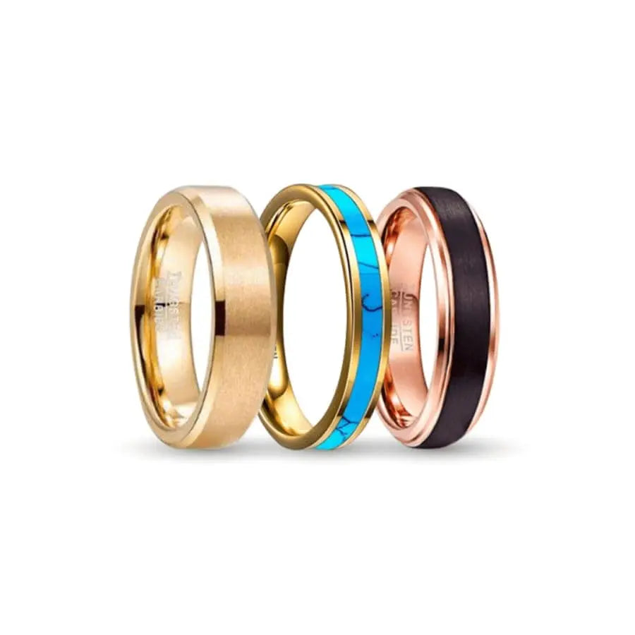 Gold, Turquoise and Rose Gold Tungsten Carbide Rings