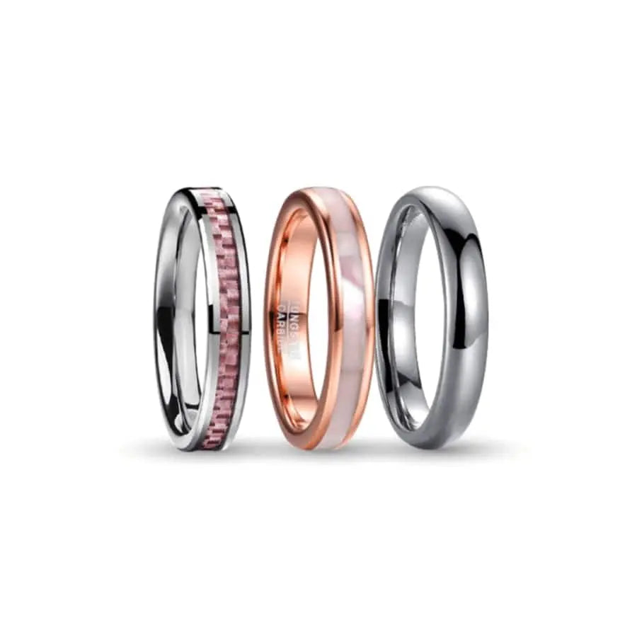 Pink, Silver, Rose Gold and Pearl Tungsten Carbide Rings